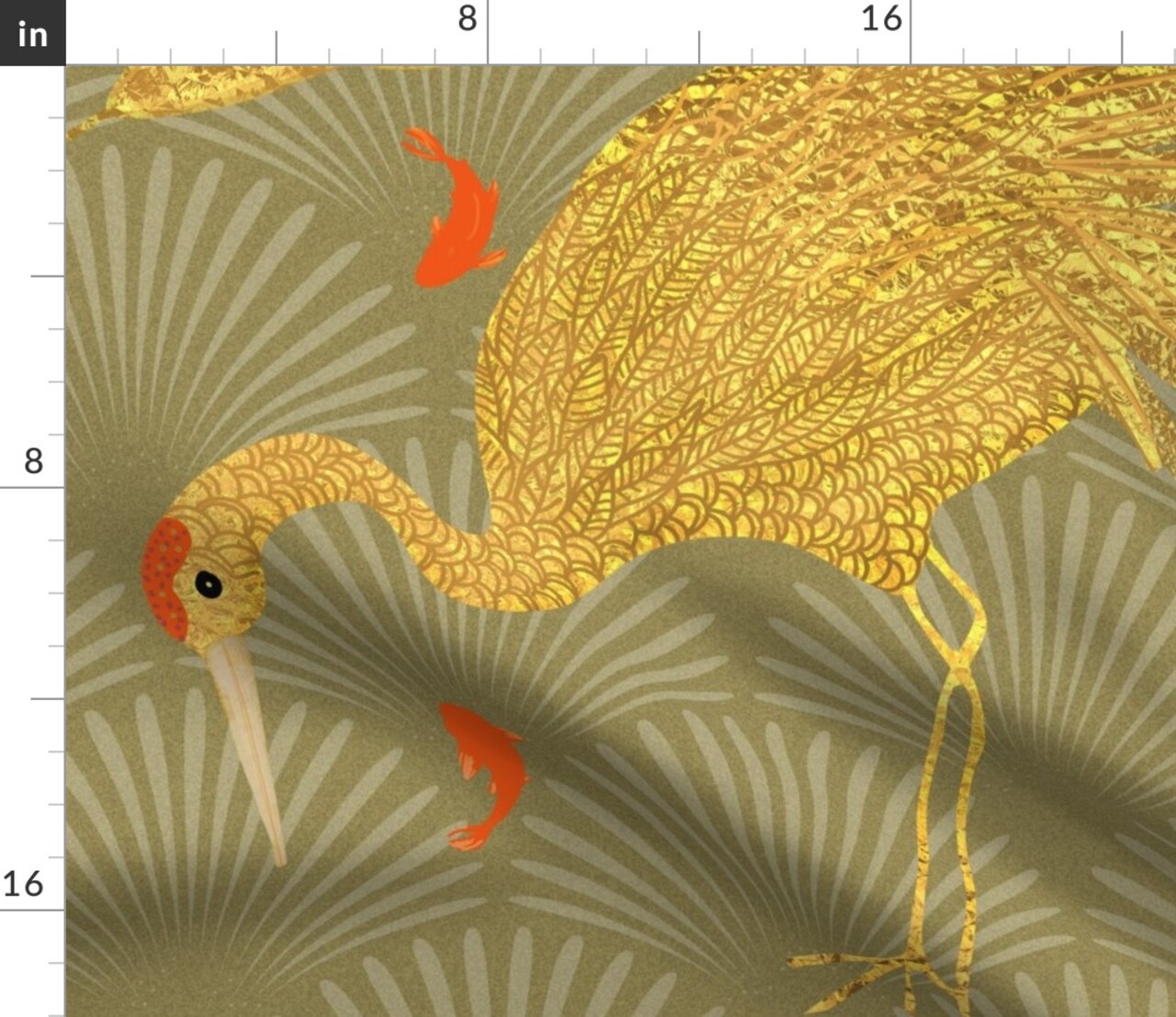 Art Deco Crane 1920s Large Gold Grass Fish Nouveau Cranes Scallops Custom Printed Fabric by Spoonflower Various Fabrics by the Yard or Fat Quarter